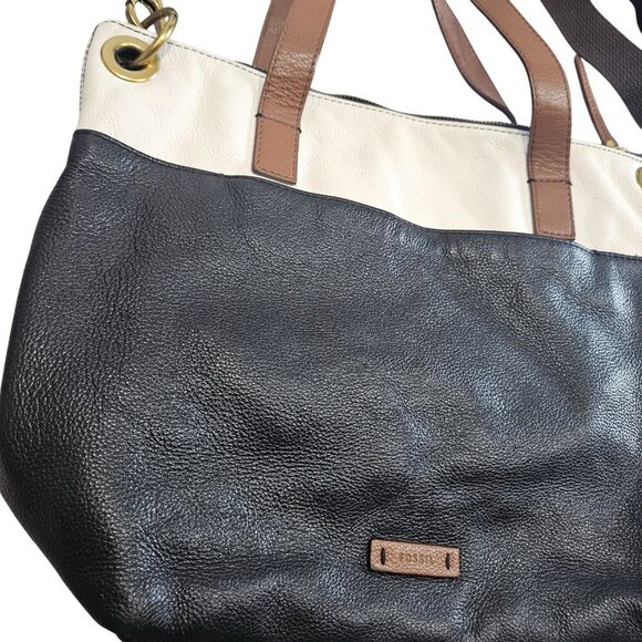 Fossil Two-Tone Leather Tote Bag With Adjustable Crossbody Strap Brass‎ Hardware - Picture 9 of 11